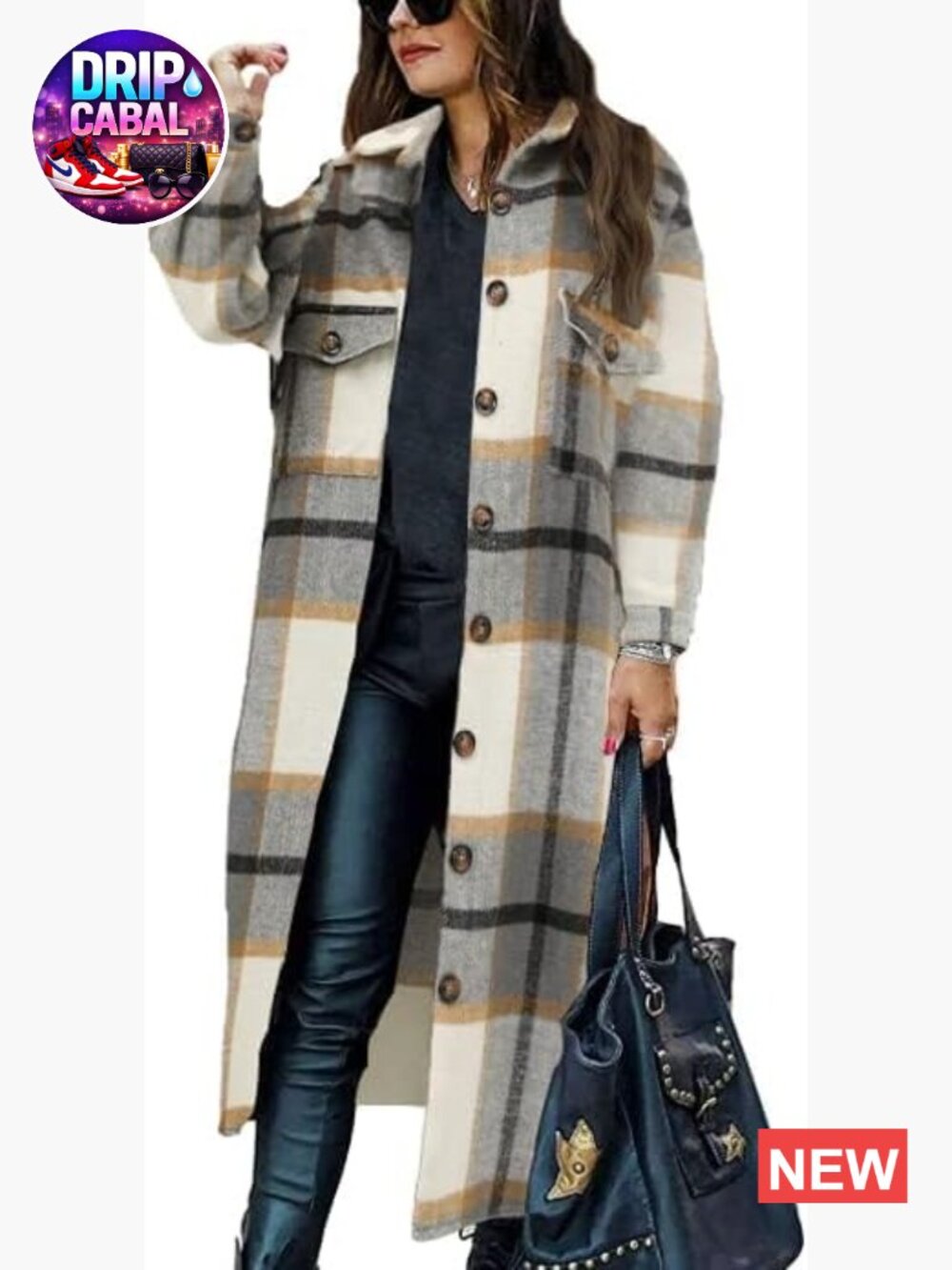 Woolen Button Down Long Plaid Shirt Jacket Coat Overcoat